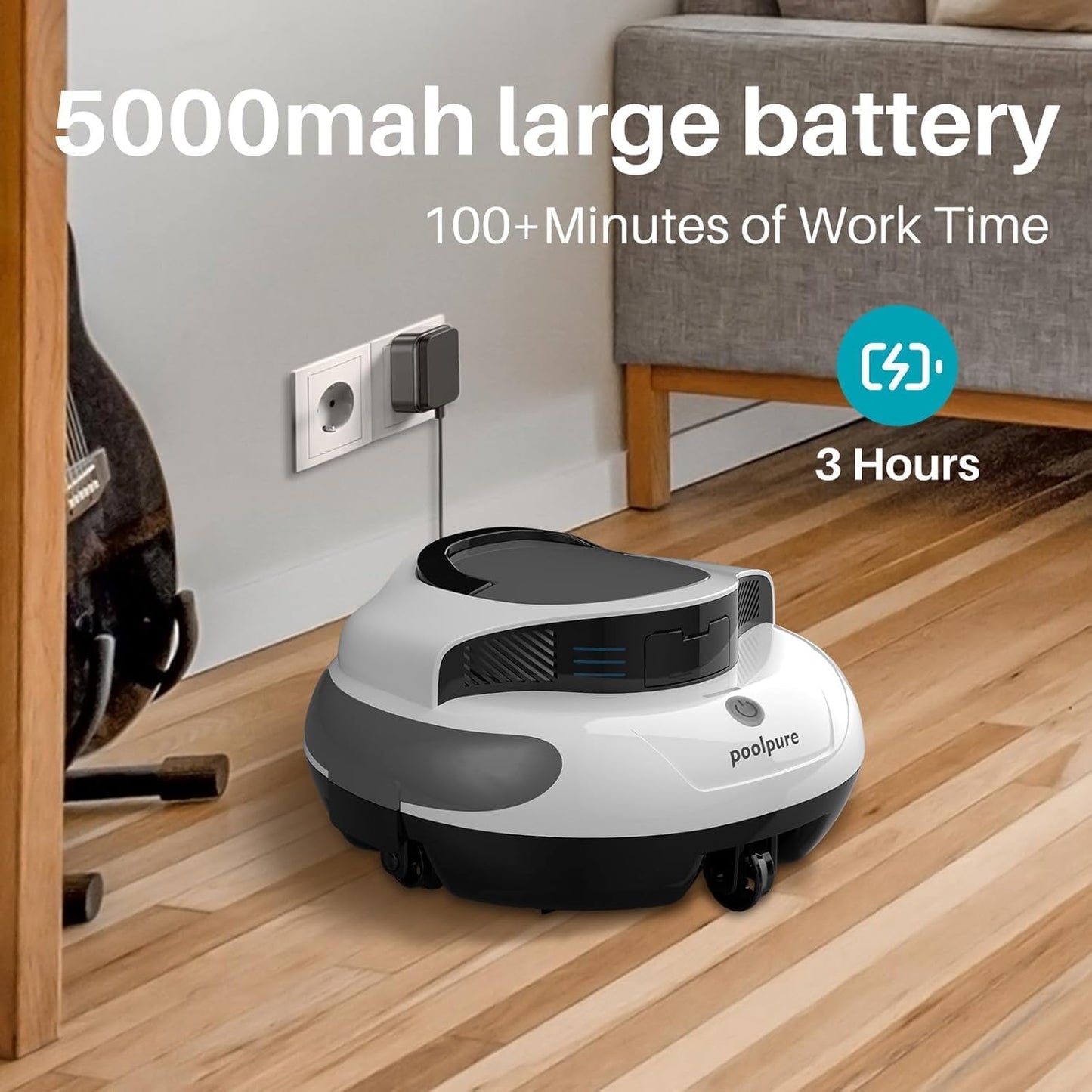 POOLPURE Poolroboter, 5000mah-Akku, 120min Leistungsstarke Reinigung, Kabelloser Poolsauger Akku, Automatisches Parken, LED-Anzeigen, IPX8 Wasserdicht, Ideal für Pools 90 m²