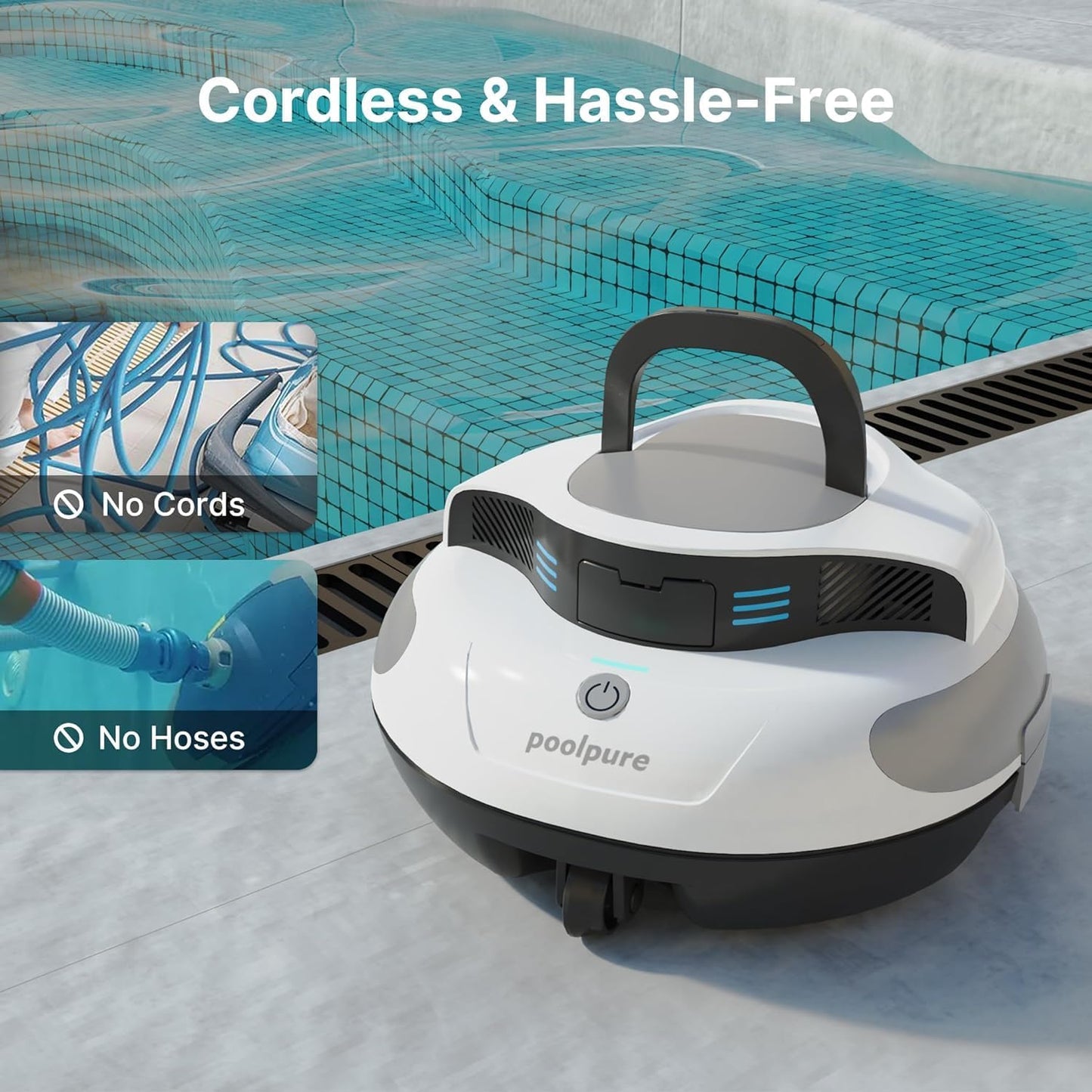 POOLPURE Poolroboter, 5000mah-Akku, 120min Leistungsstarke Reinigung, Kabelloser Poolsauger Akku, Automatisches Parken, LED-Anzeigen, IPX8 Wasserdicht, Ideal für Pools 90 m²