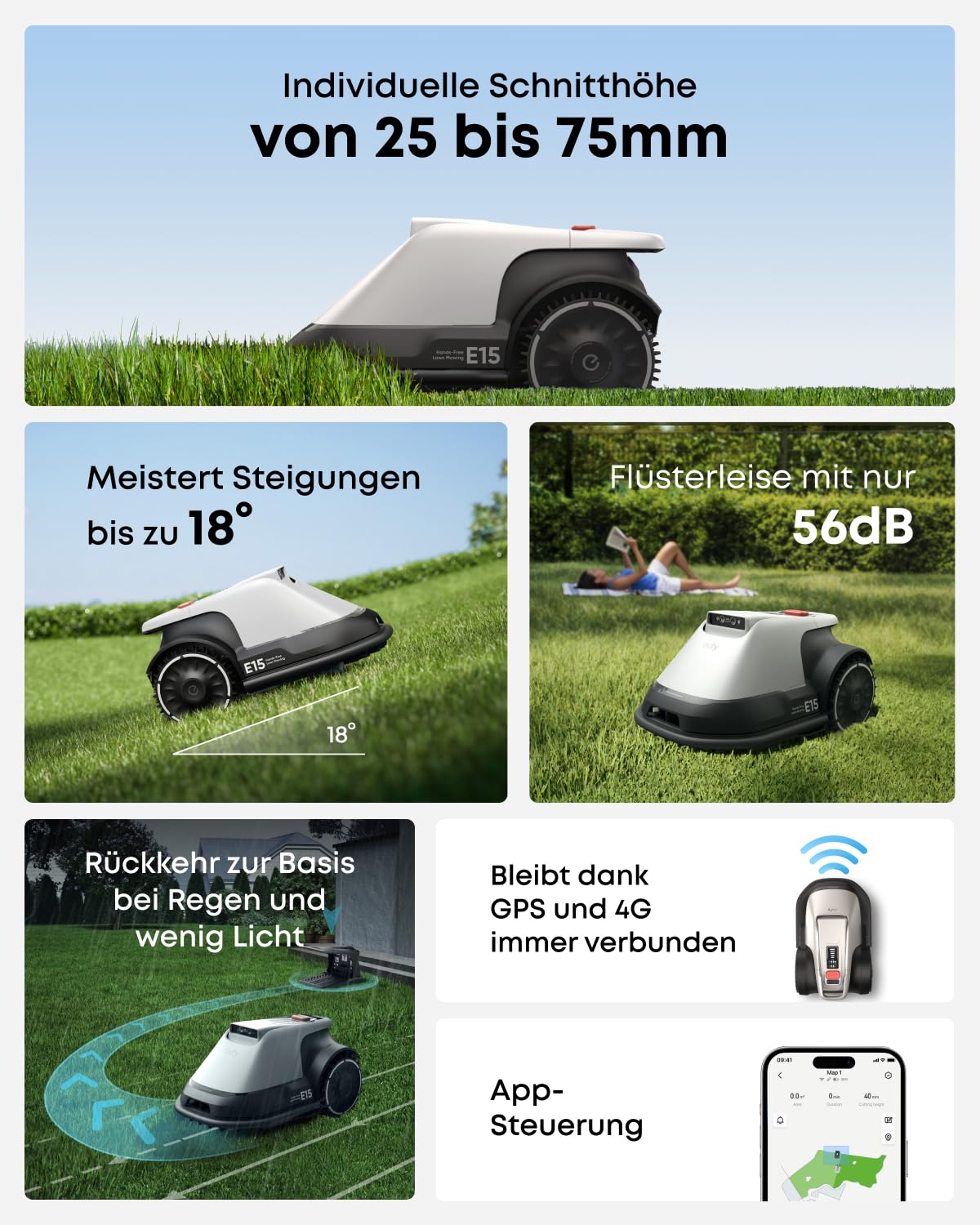 eufy E15 kabelloser Mähroboter ohne RTK Signalausfälle TrueVision Smart Navigation empfohlen bis 800m² Präzisionsrandschnitt App Steuerung Rasenroboter