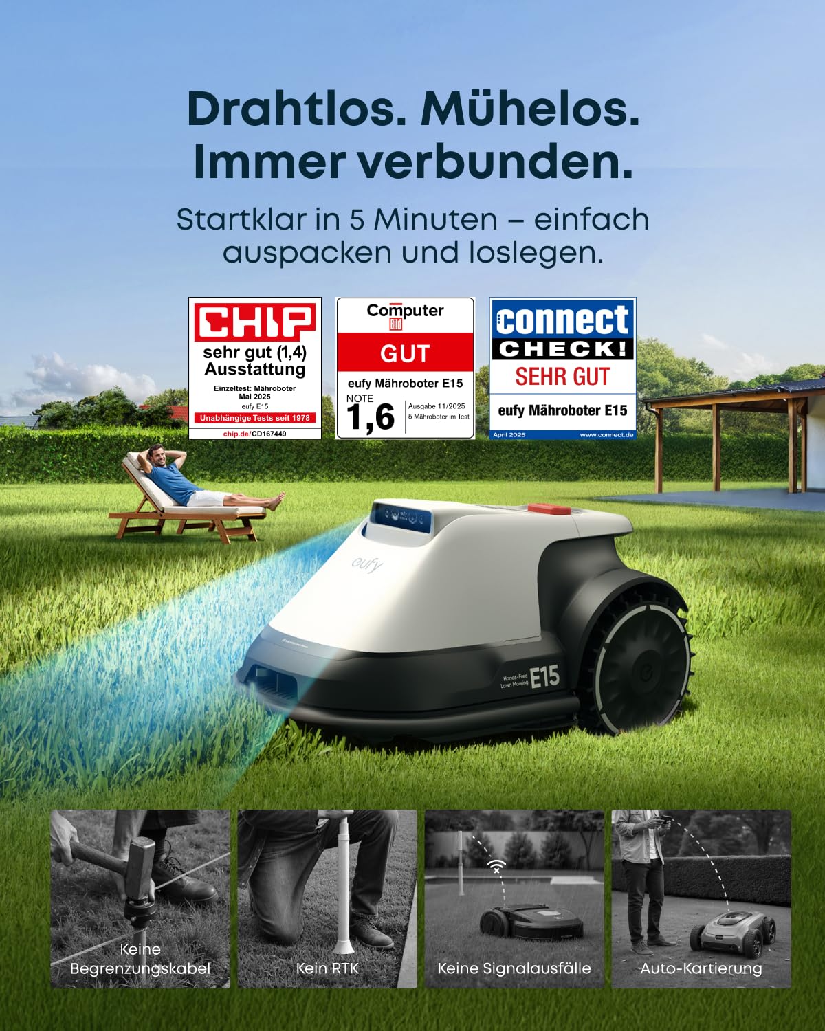 eufy E15 kabelloser Mähroboter ohne RTK Signalausfälle TrueVision Smart Navigation empfohlen bis 800m² Präzisionsrandschnitt App Steuerung Rasenroboter