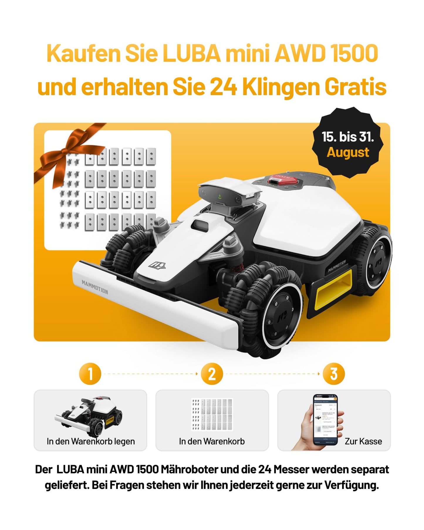 MAMMOTION LUBA mini AWD 1500 Mähroboter ohne Begrenzungskabel NetRTK+Vision Auto-Kartierung 1500m² max 1800m² mit 4G Modul für 80% Steigung
