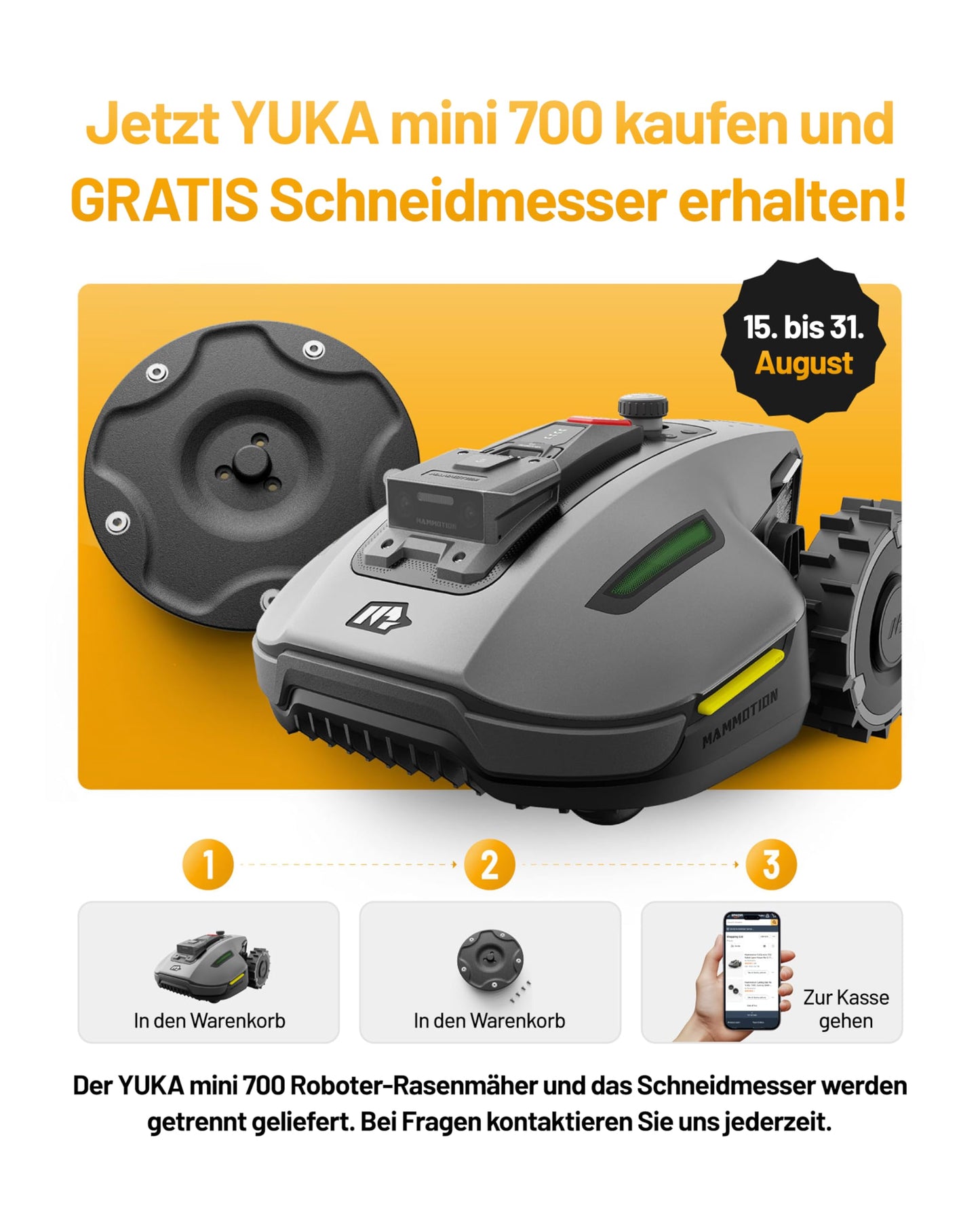 YUKA Mini 700 MAMMOTION Mähroboter ohne Begrenzungskabel NetRTK+Vision Auto-Kartierung empfohlen 700m² inkl Trennscheibe kabellos und effizient
