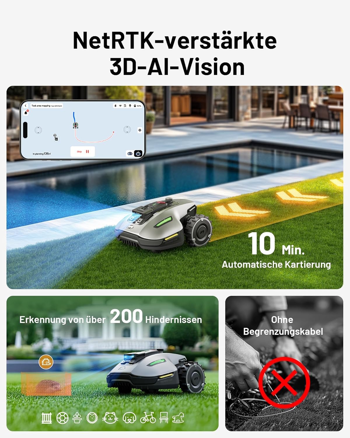 YUKA Mini 700 MAMMOTION Mähroboter ohne Begrenzungskabel NetRTK+Vision Auto-Kartierung empfohlen 700m² inkl Trennscheibe kabellos und effizient