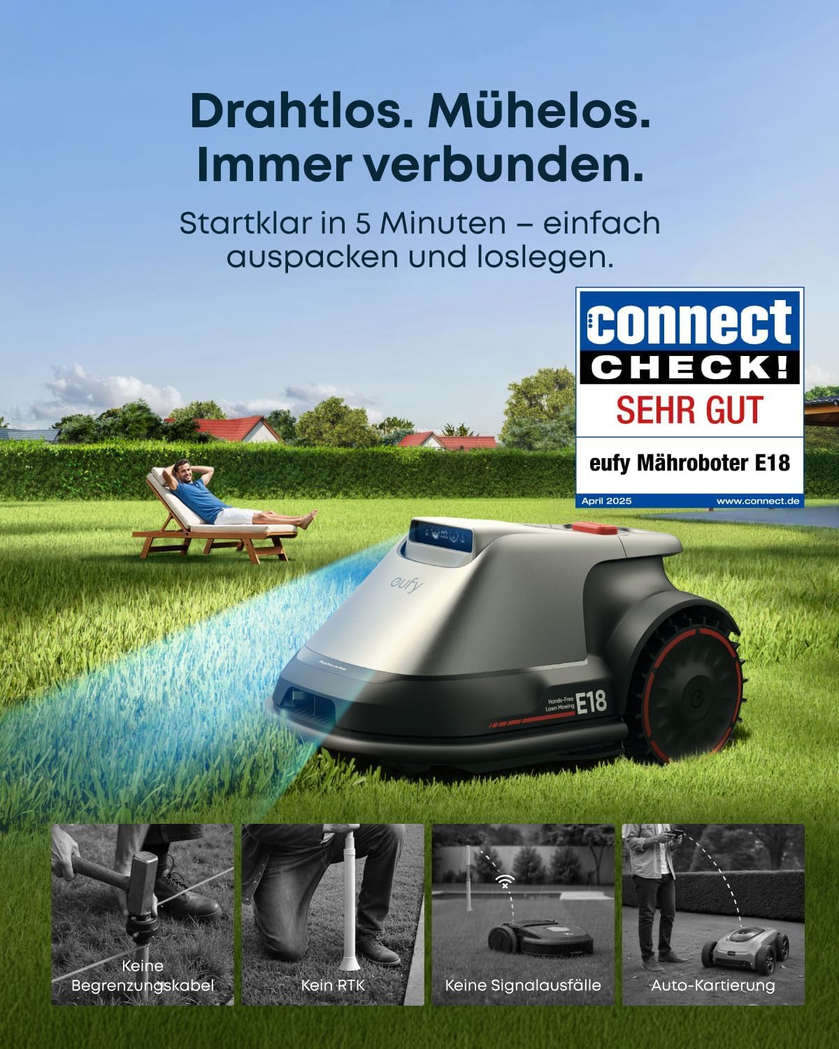 eufy E18 kabelloser Mähroboter ohne RTK mit TrueVision GNSS Auto Navigation für 1200m² Garten Präzisionsrandschnitt Hindernisvermeidung App Steuerung