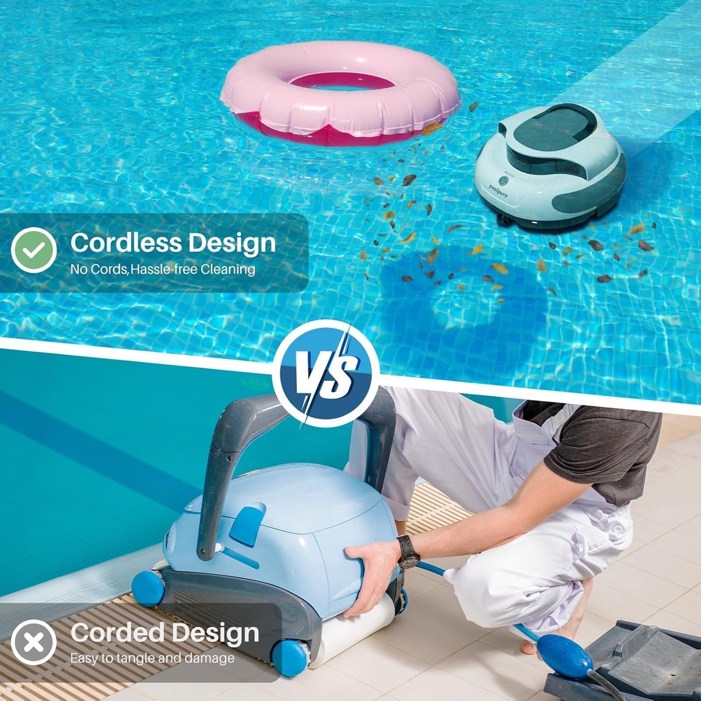 POOLPURE Poolroboter, 5000mah-Akku, 120min Leistungsstarke Reinigung, Kabelloser Poolsauger Akku, Automatisches Parken, LED-Anzeigen, IPX8 Wasserdicht, Ideal für Pools 90 m²
