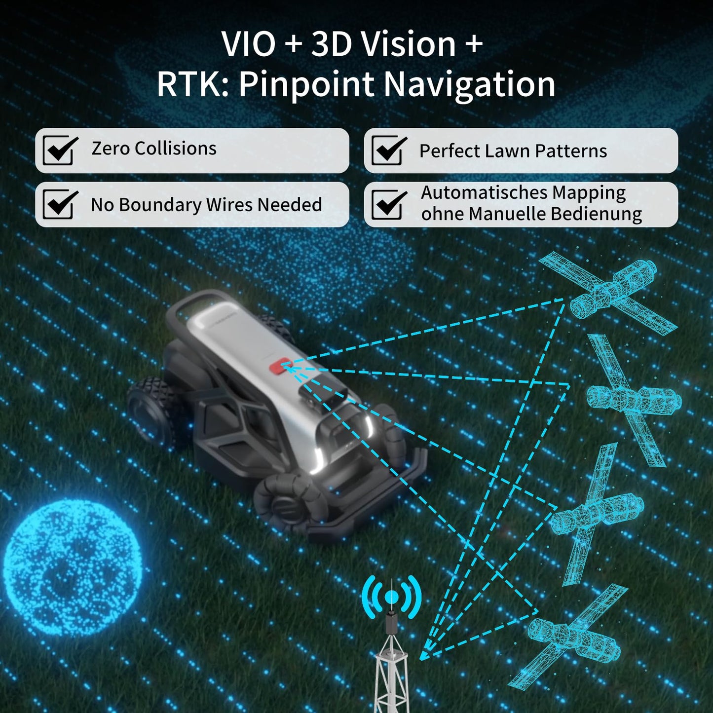 AIRSEEKERS Rasenmäher Roboter kabellos 2400m² GPS VIO 3D Vision RTK Auto-Kartierung mit Mulchfunktion IPX6 regensicher geeignet für steiles Gelände 65%