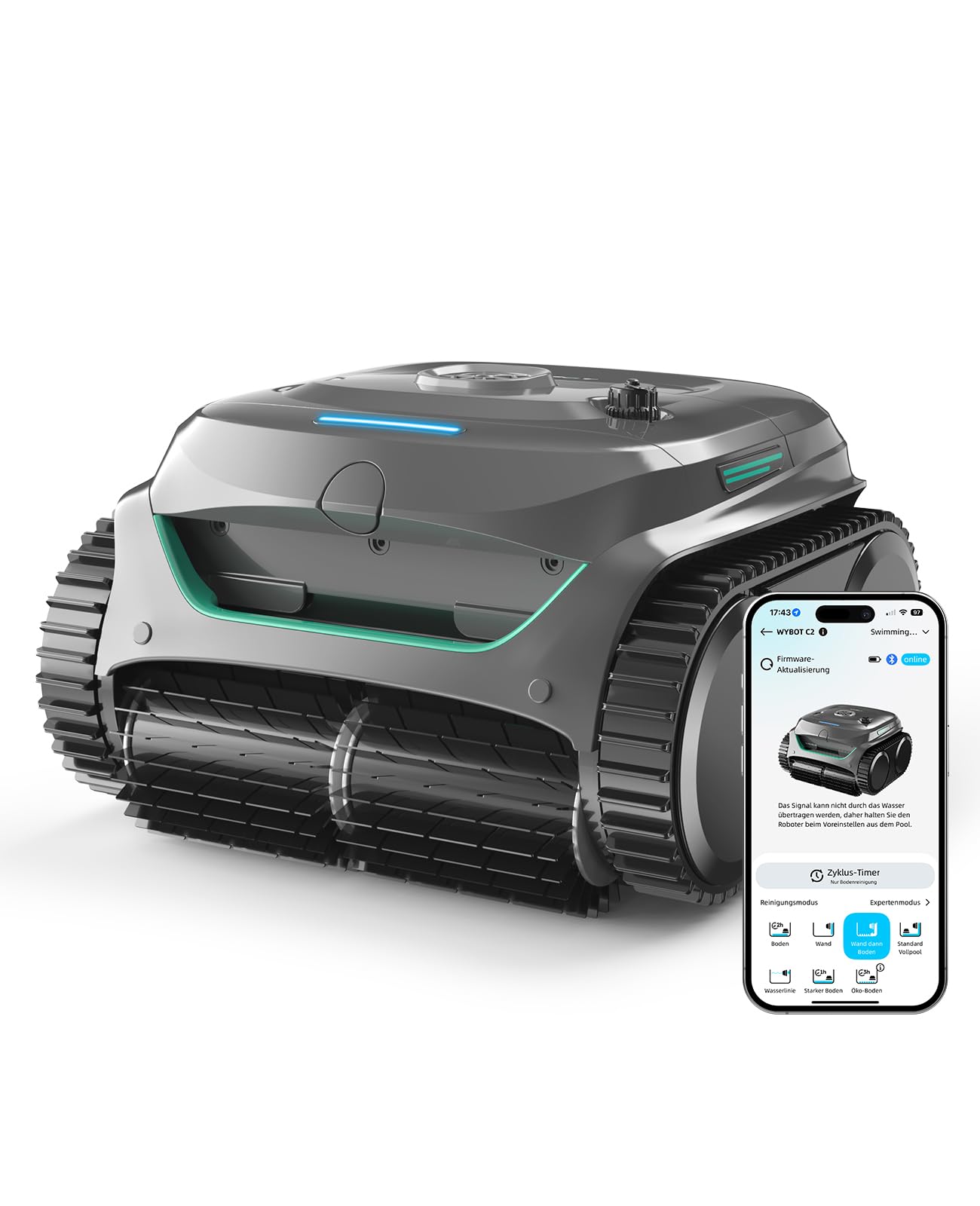 WYBOT C2 Poolroboter Akku Boden und Wand für Einbaupools bis 150㎡, Doppelfiltration, 3-Fach Motor, Starke Saugkraft, Wandkletter & Wasserlinie, 180 Min, App(Schwarz-Grün Grün)