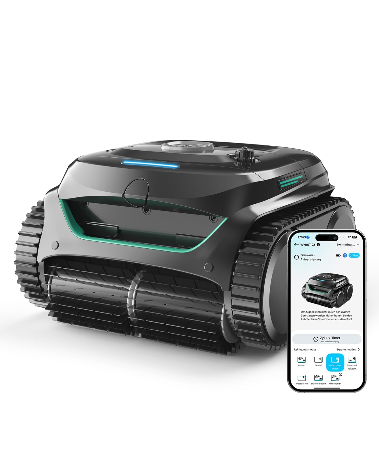 WYBOT C2 Poolroboter Akku Boden und Wand für Einbaupools bis 150㎡, Doppelfiltration, 3-Fach Motor, Starke Saugkraft, Wandkletter & Wasserlinie, 180 Min, App(Schwarz-Grün Grün)