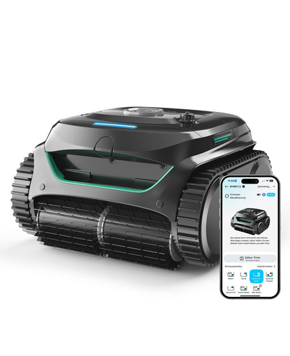WYBOT C2 Poolroboter Akku Boden und Wand für Einbaupools bis 150㎡, Doppelfiltration, 3-Fach Motor, Starke Saugkraft, Wandkletter & Wasserlinie, 180 Min, App(Schwarz-Grün Grün)