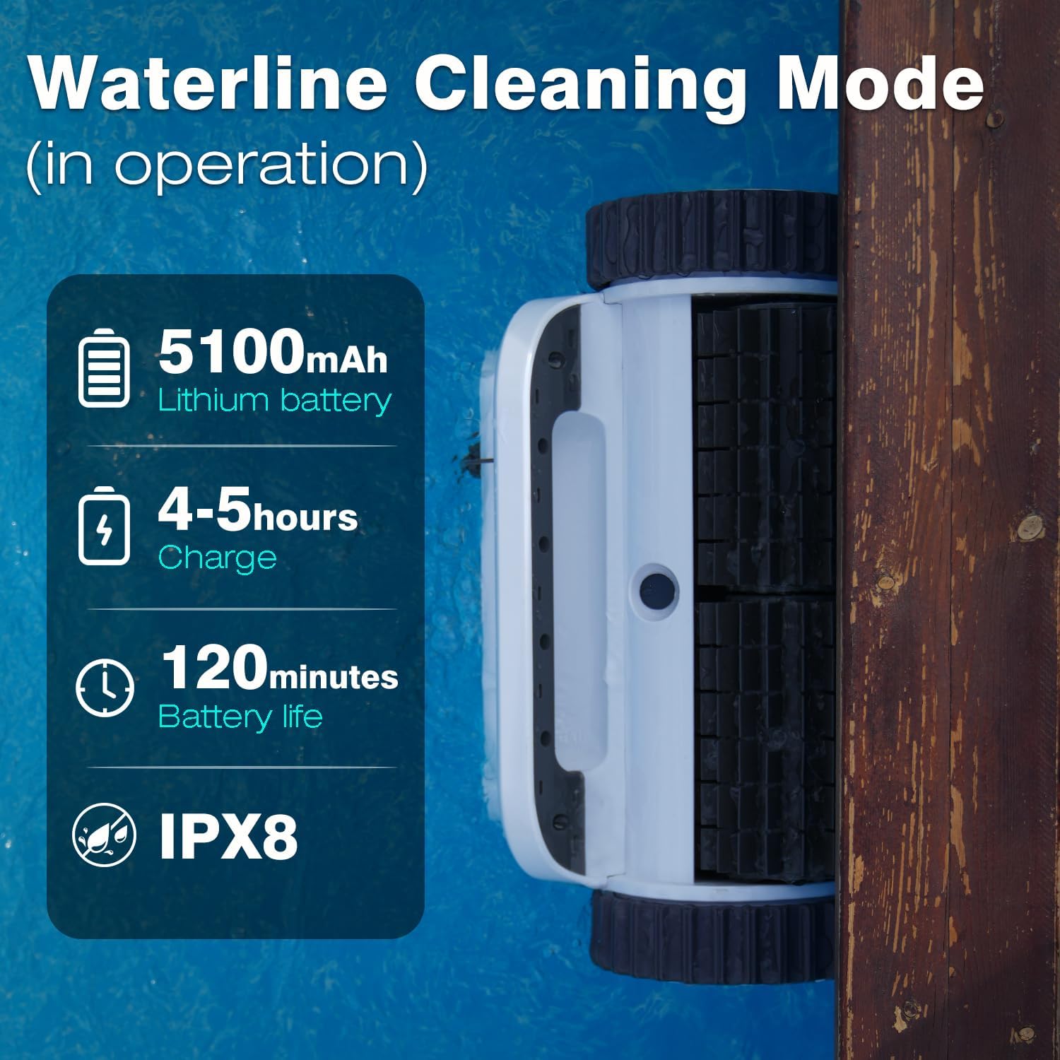 EVERCROSS BOT U8 Poolroboter Boden und Wand, Kabelloser Poolsauger Akku mit Wasserlinienreinigung, 120 Min Batterielaufzeit, Intelligenter Navigation, Selbsteinparkfunktion, 200㎡ (weiß-APP)