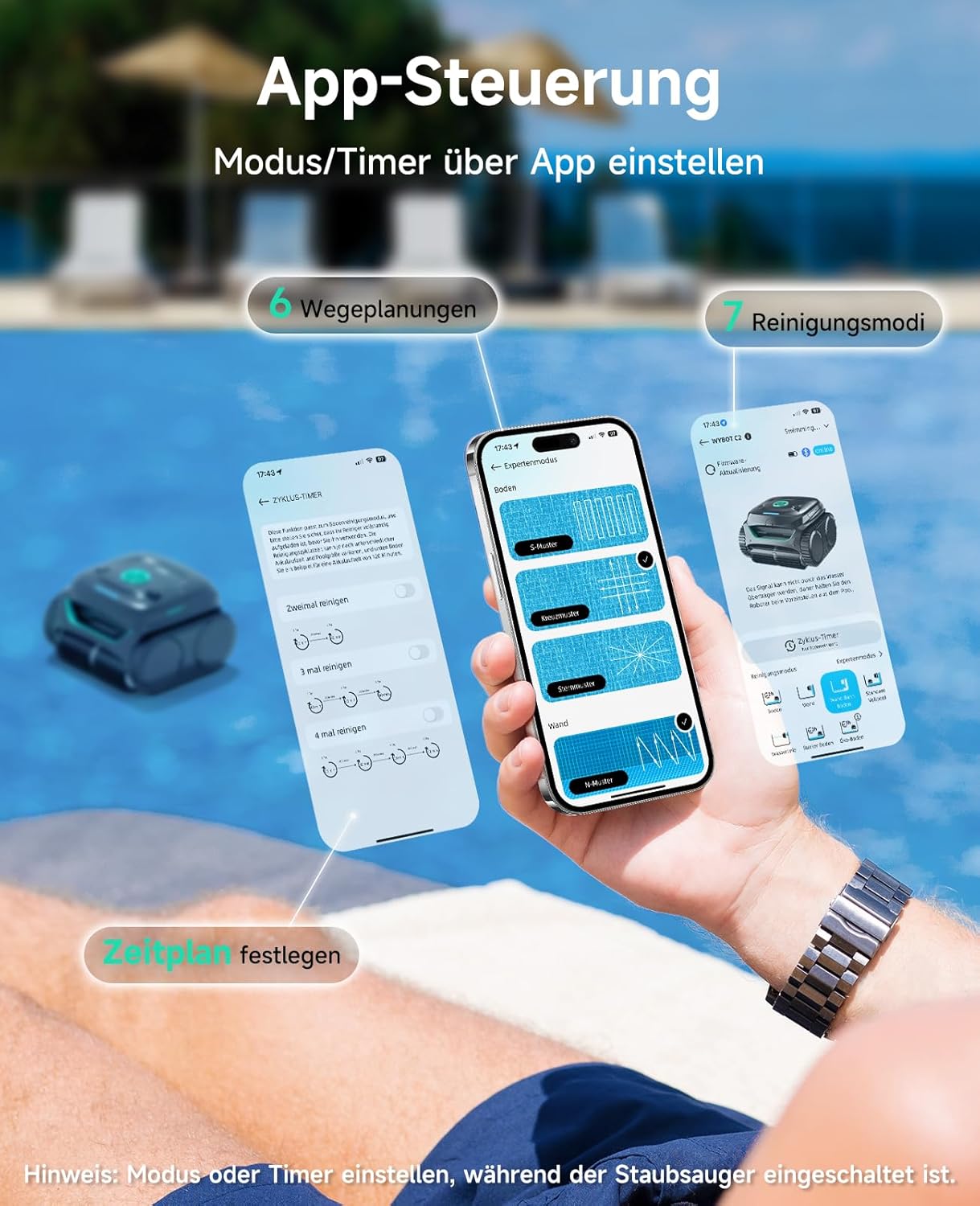 WYBOT C2 Poolroboter Akku Boden und Wand für Einbaupools bis 150㎡, Doppelfiltration, 3-Fach Motor, Starke Saugkraft, Wandkletter & Wasserlinie, 180 Min, App(Schwarz-Grün Grün)