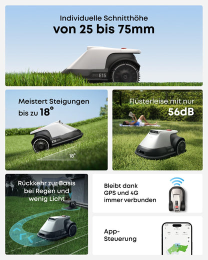 eufy E15 kabelloser Mähroboter ohne RTK Signalausfälle TrueVision Smart Navigation empfohlen bis 800m² Präzisionsrandschnitt App Steuerung Rasenroboter