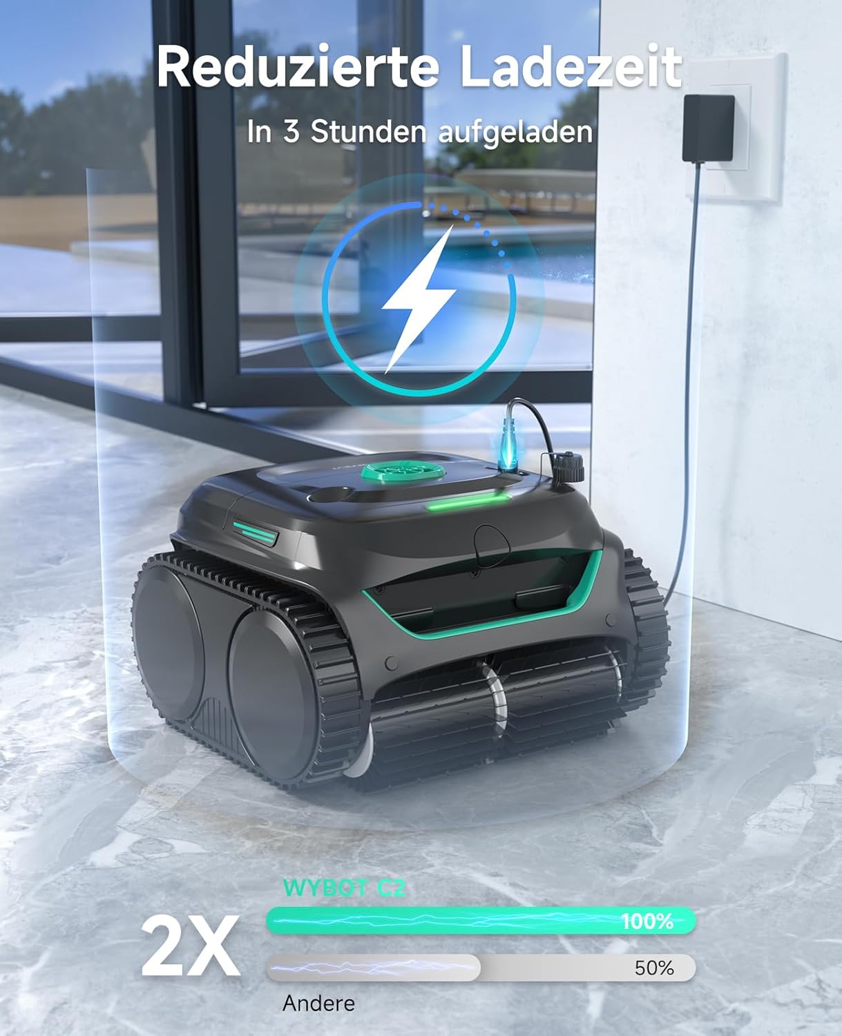 WYBOT C2 Poolroboter Akku Boden und Wand für Einbaupools bis 150㎡, Doppelfiltration, 3-Fach Motor, Starke Saugkraft, Wandkletter & Wasserlinie, 180 Min, App(Schwarz-Grün Grün)