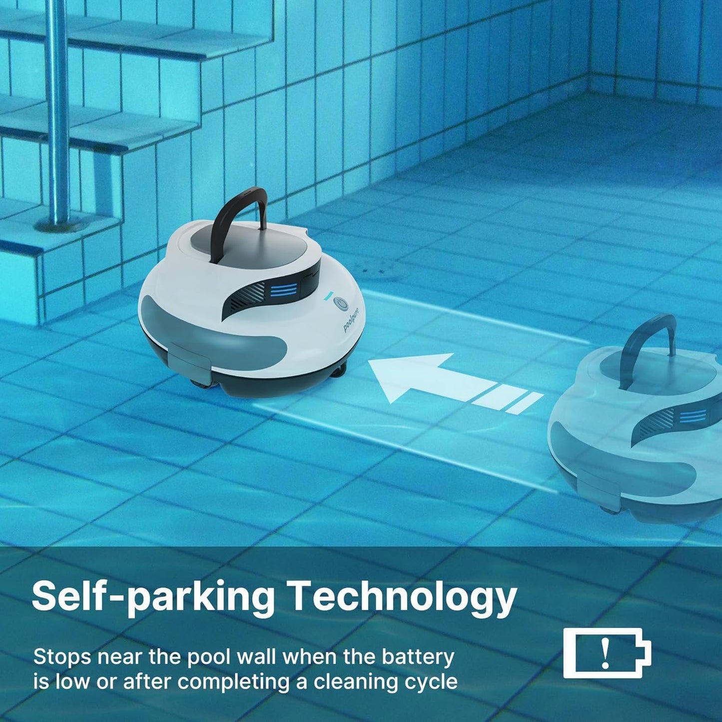 POOLPURE Poolsauger, 5000 mAh Akku, Double Motor, LED Indicators, self-Parking Function, IPX8 Waterproof, kabelloser Poolroboter für 90 m² versenkte Flache Pools