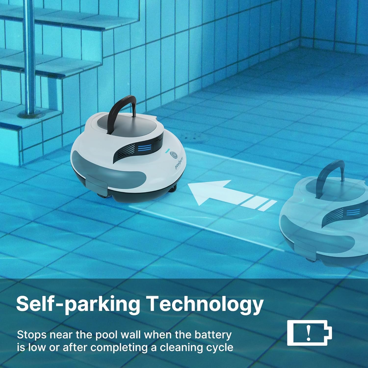 POOLPURE Poolsauger, 5000 mAh Akku, Double Motor, LED Indicators, self-Parking Function, IPX8 Waterproof, kabelloser Poolroboter für 90 m² versenkte Flache Pools