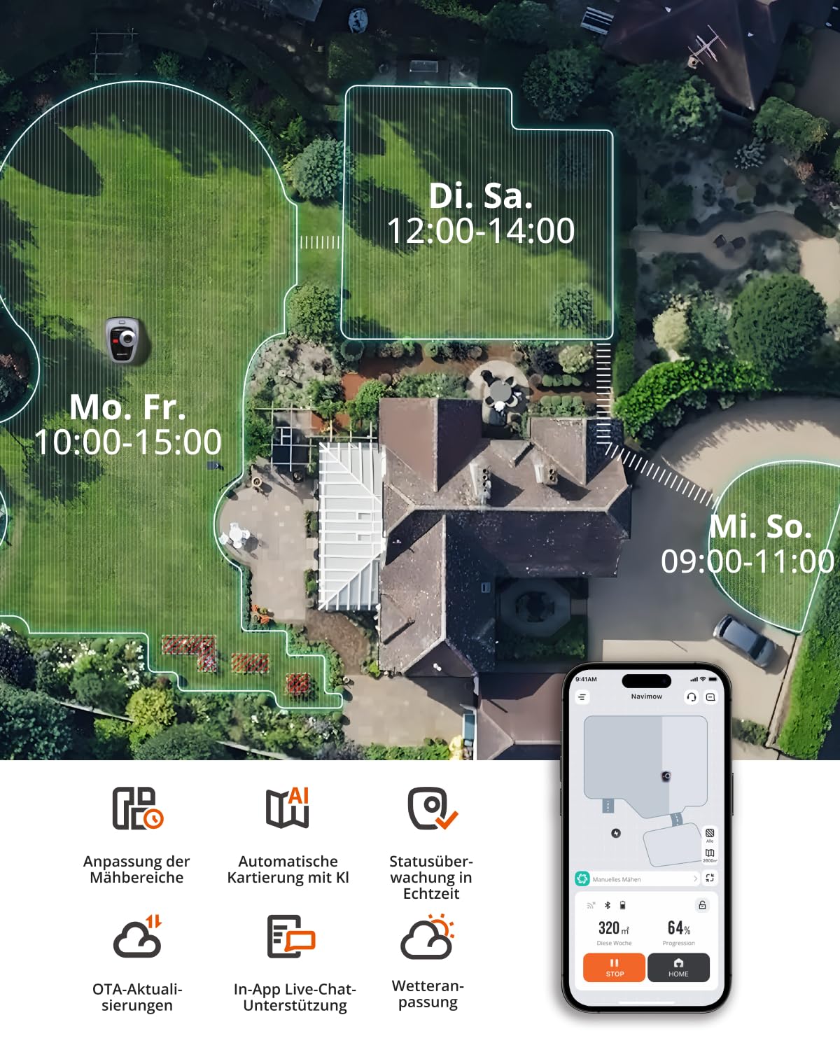 Mähroboter Navimow i105E kabellos RTK Vision Auto-Kartierung empfohlen 500m² max 600m² Testsieger Rasenmäher Roboter mit KI Technologie und Igelschutz