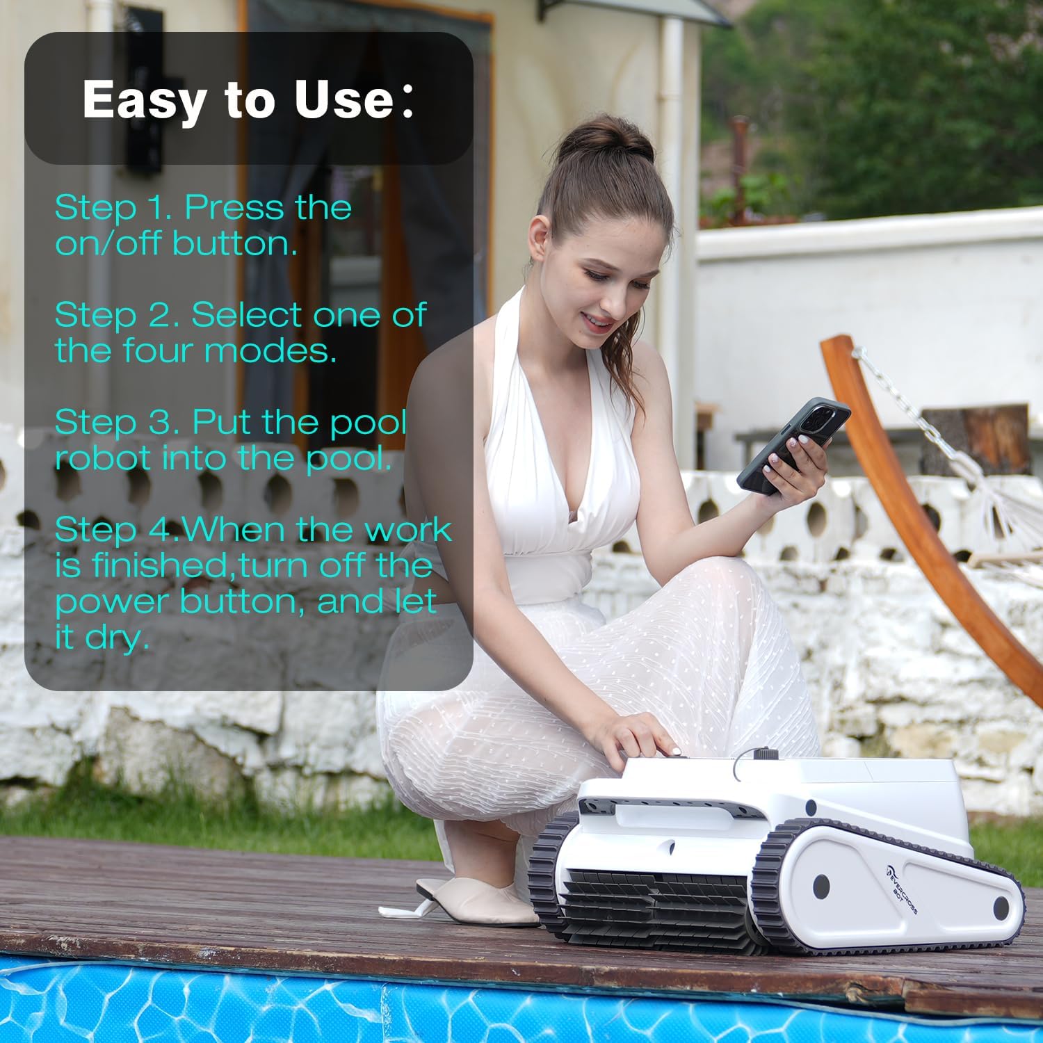 EVERCROSS BOT U8 Poolroboter Boden und Wand, Kabelloser Poolsauger Akku mit Wasserlinienreinigung, 120 Min Batterielaufzeit, Intelligenter Navigation, Selbsteinparkfunktion, 200㎡ (weiß-APP)