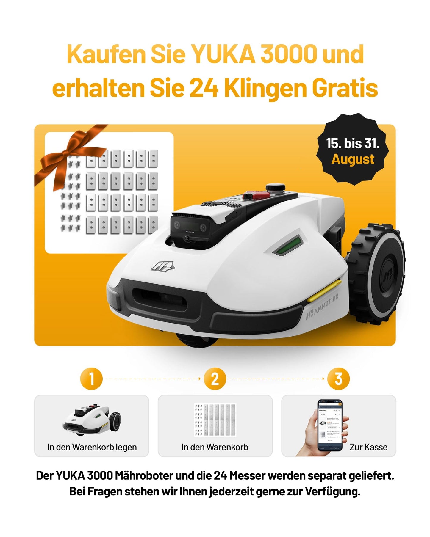 Mähroboter MAMMOTION YUKA 3000 ohne Kabel NetRTK Vision Auto-Kartierung empfohlen 3000m² bis 4000m² mit 4G Modul geeignet für Steigungen bis 50%