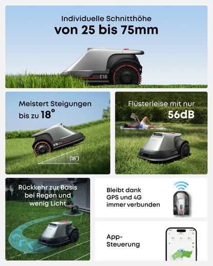 eufy E18 kabelloser Mähroboter ohne RTK mit TrueVision GNSS Auto Navigation für 1200m² Garten Präzisionsrandschnitt Hindernisvermeidung App Steuerung