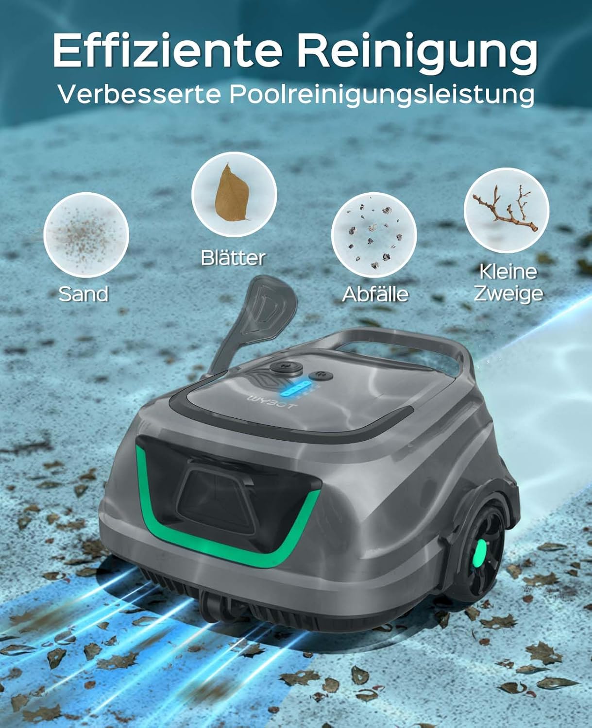 WYBOT (2025 Upgrade) A1 Poolroboter, Laufzeit bis zu 120 Minuten, Pool Roboter Kabellos mit Doppelfilter und Poolroboter Akku, Poolroboter für Aufstellpool bis zu 100㎡(Hellgrau Grün)