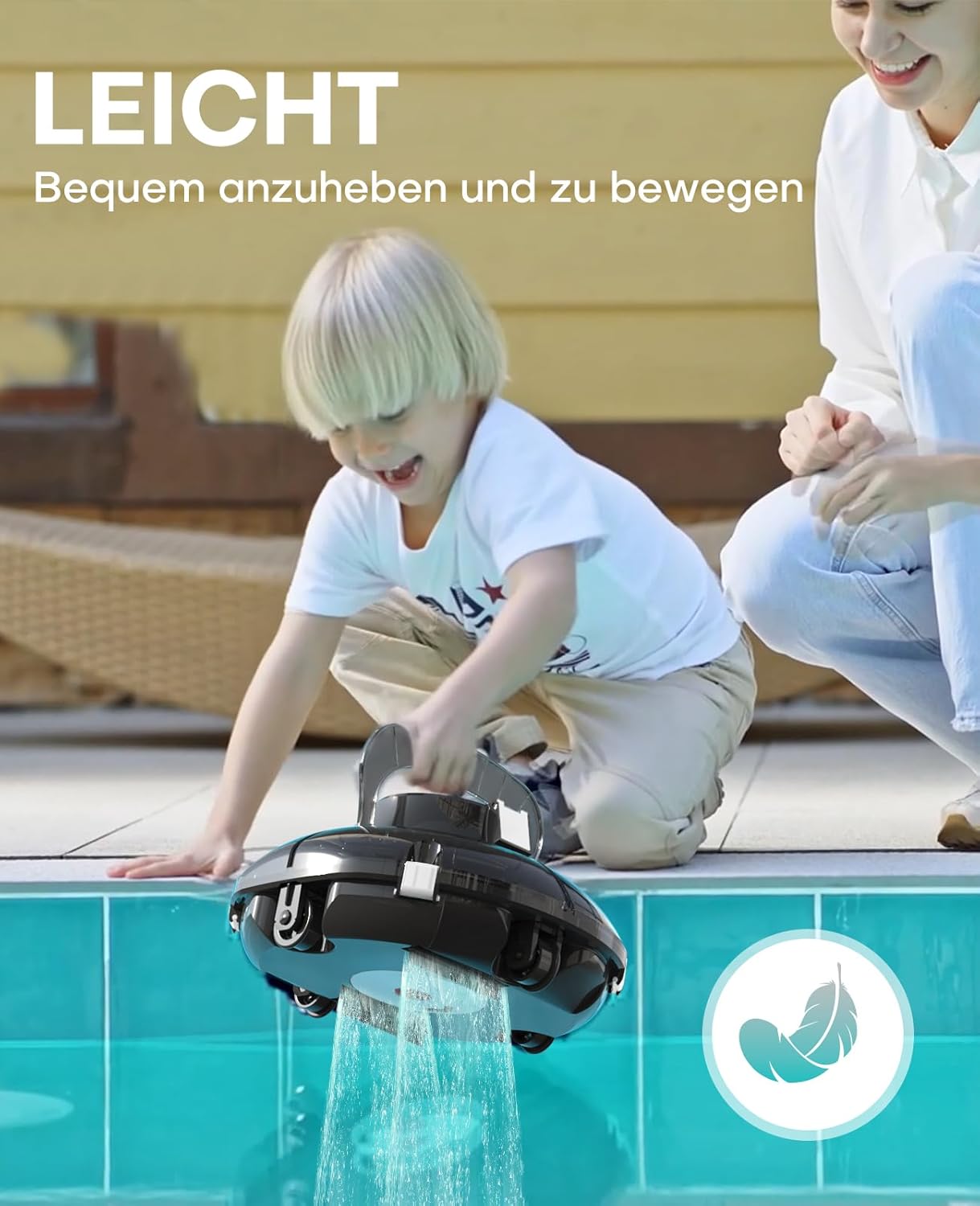 WINNY POOL CLEANER Winny 200 Poolroboter, Poolsauger kabellos mit Akku, 75 Min. Laufzeit, für Aufstellpools bis 60 m², Doppelfiltration, Automatisches Parken, Kompakt Leicht (Transparent Schwarz-Weiß)