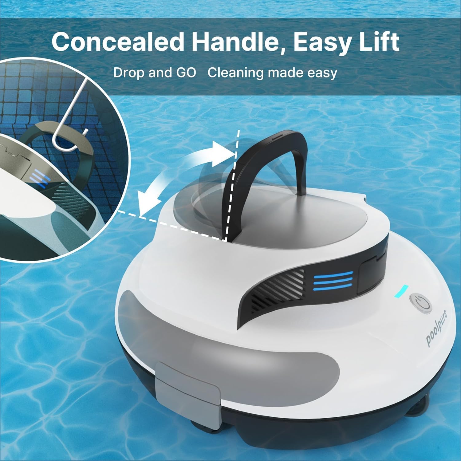 POOLPURE Poolsauger, 5000 mAh Akku, Double Motor, LED Indicators, self-Parking Function, IPX8 Waterproof, kabelloser Poolroboter für 90 m² versenkte Flache Pools