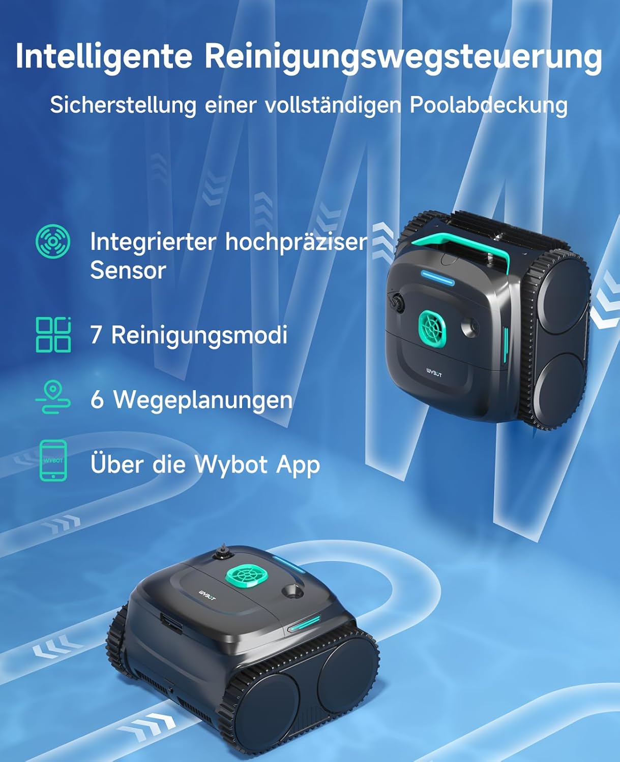 WYBOT C2 Poolroboter Akku Boden und Wand für Einbaupools bis 150㎡, Doppelfiltration, 3-Fach Motor, Starke Saugkraft, Wandkletter & Wasserlinie, 180 Min, App(Schwarz-Grün Grün)