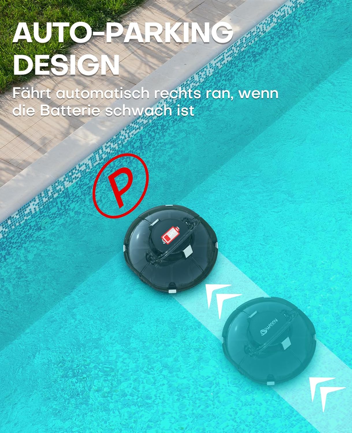 WINNY POOL CLEANER Winny 200 Poolroboter, Poolsauger kabellos mit Akku, 75 Min. Laufzeit, für Aufstellpools bis 60 m², Doppelfiltration, Automatisches Parken, Kompakt Leicht (Transparent Schwarz-Weiß)