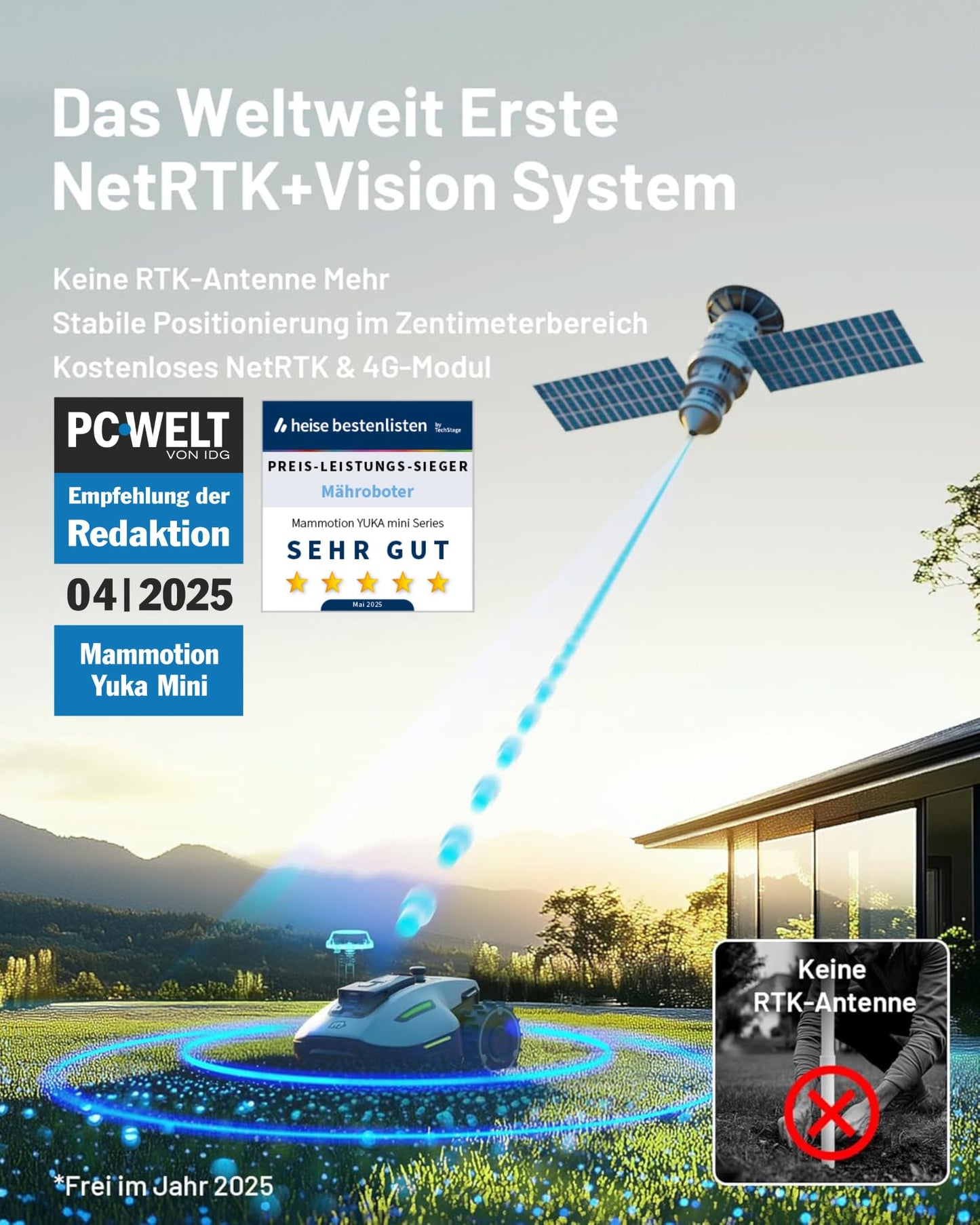 YUKA Mini 500 Mähroboter von MAMMOTION ohne Begrenzungskabel NetRTK Vision Auto-Kartierung empfohlen 500m² 50% Steigung inkl Trennscheibe Rasenroboter