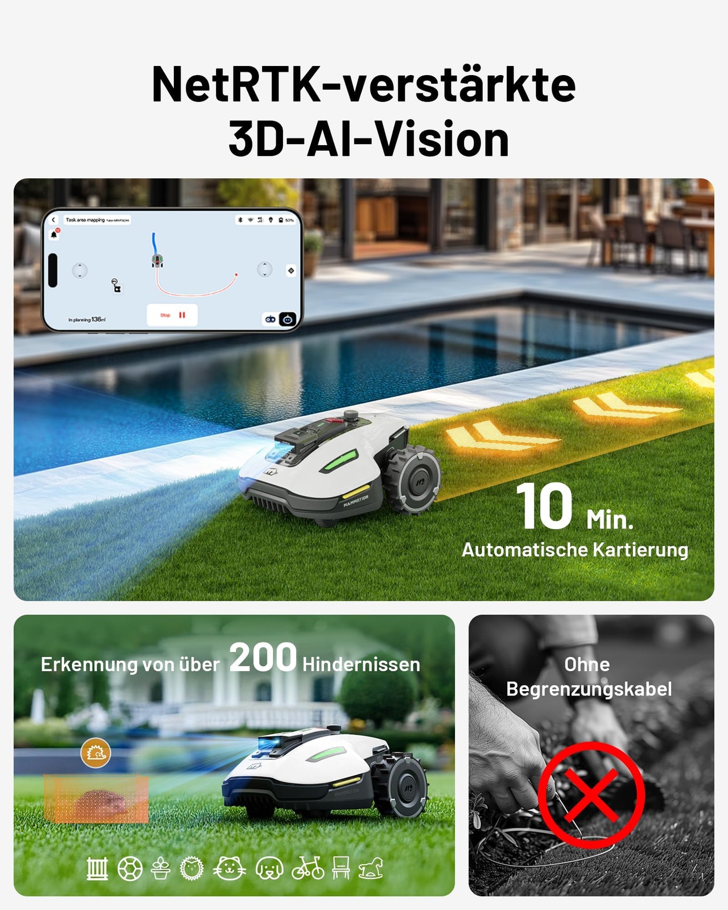 YUKA Mini 500 Mähroboter von MAMMOTION ohne Begrenzungskabel NetRTK Vision Auto-Kartierung empfohlen 500m² 50% Steigung inkl Trennscheibe Rasenroboter