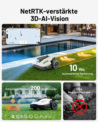 YUKA Mini 500 Mähroboter von MAMMOTION ohne Begrenzungskabel NetRTK Vision Auto-Kartierung empfohlen 500m² 50% Steigung inkl Trennscheibe Rasenroboter