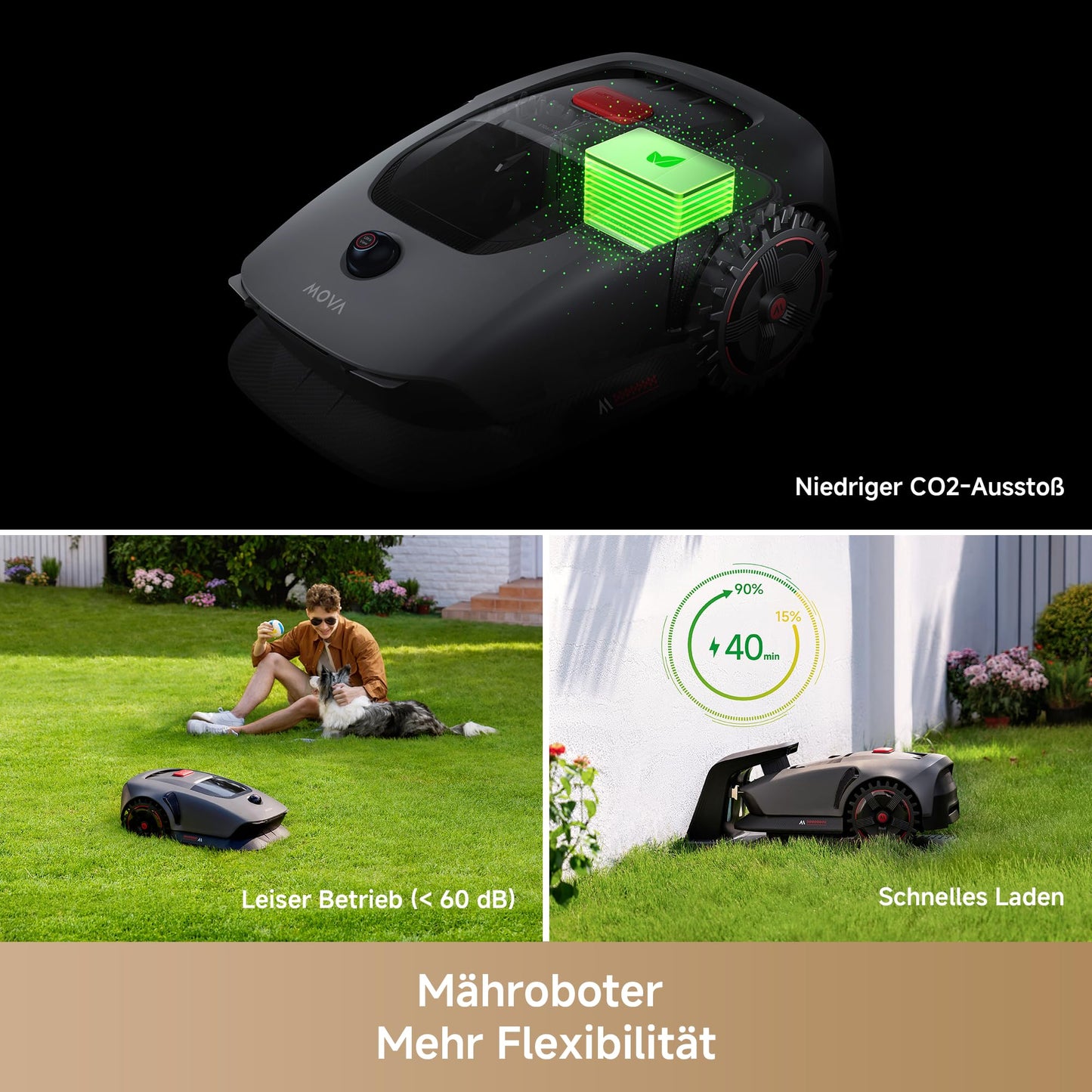 Kabelloser Mähroboter MOVA 1000 mit 3D LiDAR Auto-Kartierung bis 1000m² Smarte Hindernisvermeidung Verbesserte Geländeräder U-förmiges Schneidsystem