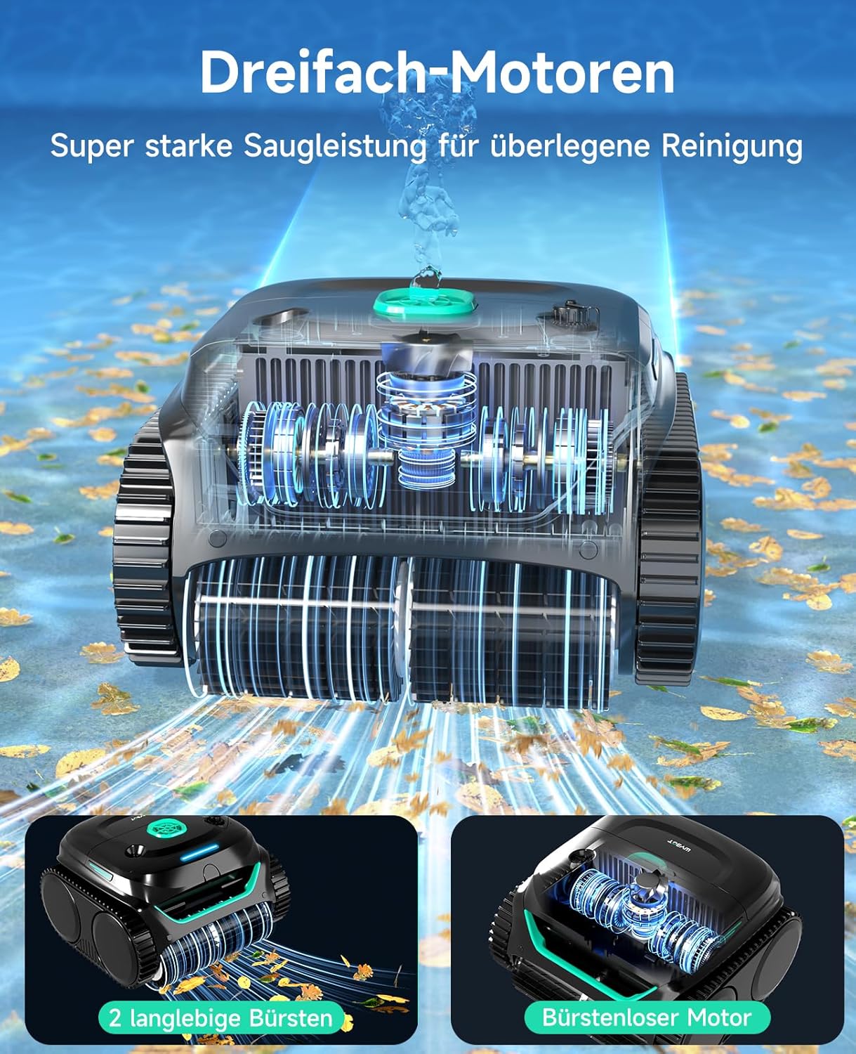 WYBOT C2 Poolroboter Akku Boden und Wand für Einbaupools bis 150㎡, Doppelfiltration, 3-Fach Motor, Starke Saugkraft, Wandkletter & Wasserlinie, 180 Min, App(Schwarz-Grün Grün)