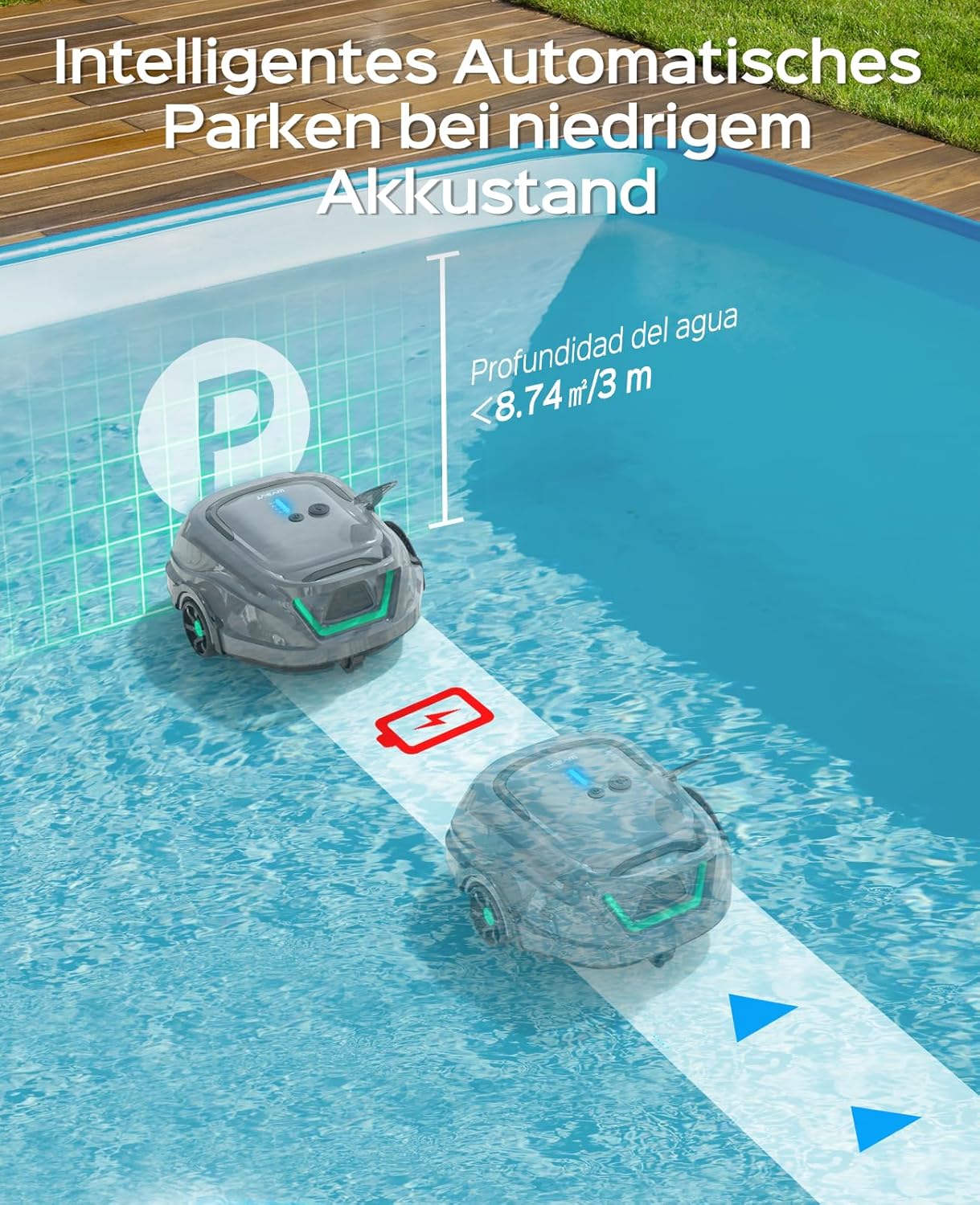 WYBOT (2025 Upgrade) A1 Poolroboter, Laufzeit bis zu 120 Minuten, Pool Roboter Kabellos mit Doppelfilter und Poolroboter Akku, Poolroboter für Aufstellpool bis zu 100㎡(Hellgrau Grün)