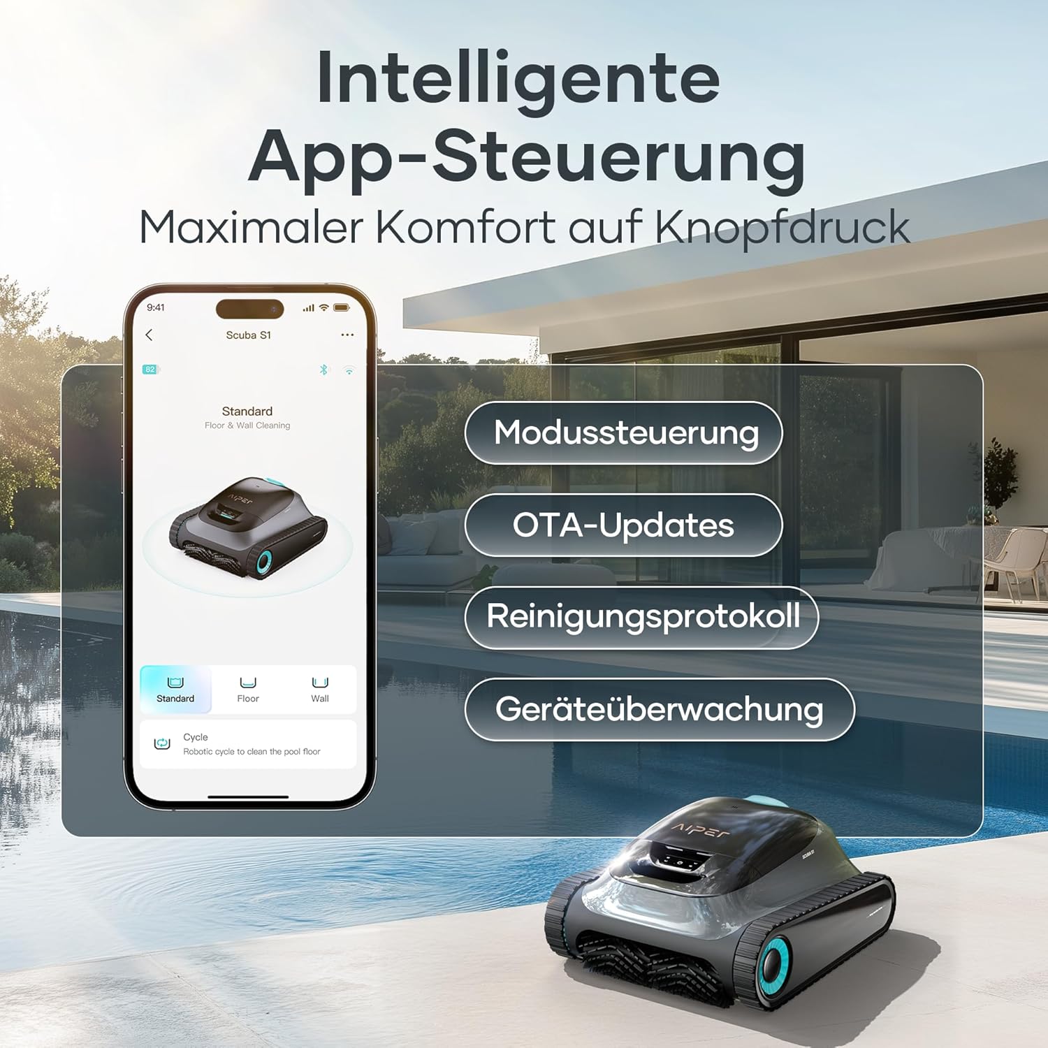 (2025 Upgrade) AIPER Scuba S1 Poolroboter Boden und Wand, Wasserlinienreinigung, 3μm Ultrafeiner Filter, 180 Min. Akkulaufzeit, 15900LPH Leistungsstarker Poolsauger mit APP, Für Eingelassene Pools