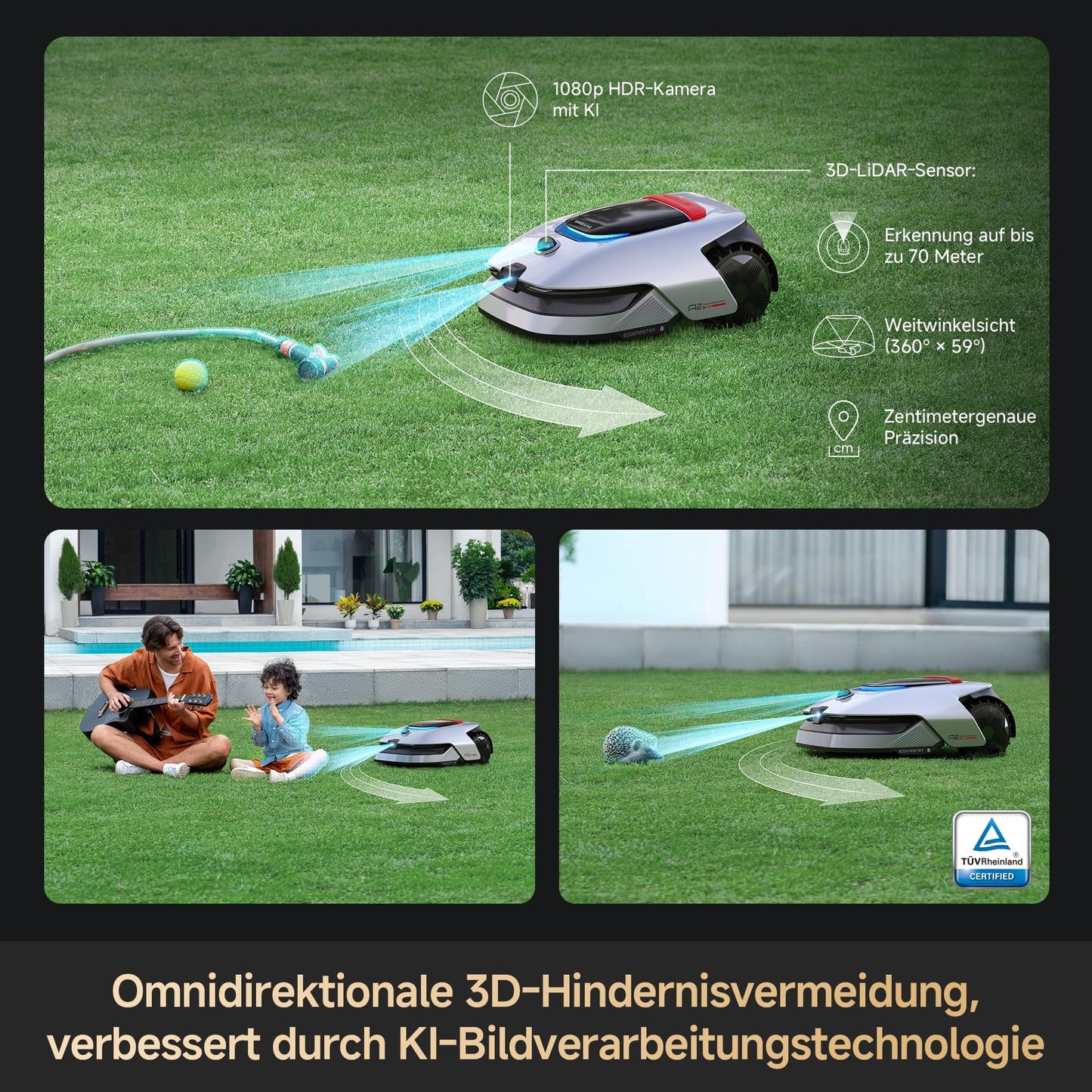 Kabelloser Mähroboter DREAME A2 mit 3D LiDAR KI Kamera Auto Kartierung für 3000m² Dual Fusion Mapping OmniSense 2.0 Hindernisvermeidung EdgeMaster